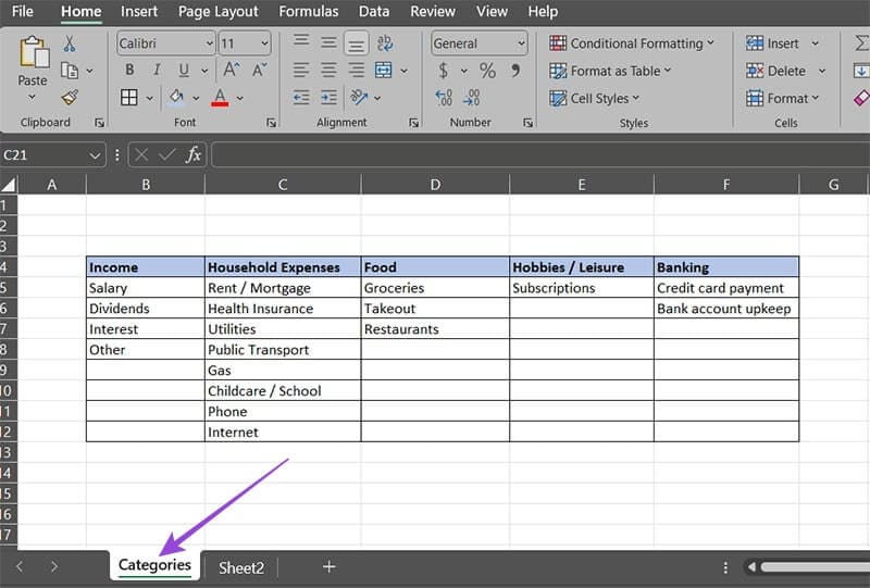 خطوات بسيطة لإنشاء متتبع ميزانية شهرية باستخدام Excel - %categories