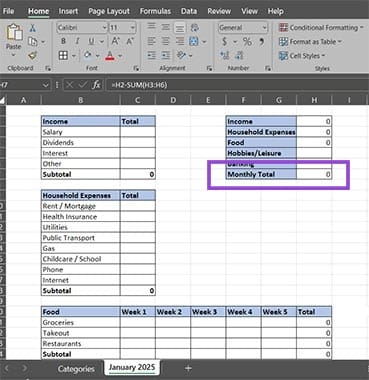 خطوات بسيطة لإنشاء متتبع ميزانية شهرية باستخدام Excel - %categories