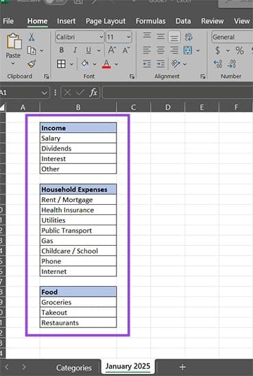 خطوات بسيطة لإنشاء متتبع ميزانية شهرية باستخدام Excel - %categories