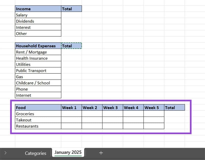 خطوات بسيطة لإنشاء متتبع ميزانية شهرية باستخدام Excel - %categories