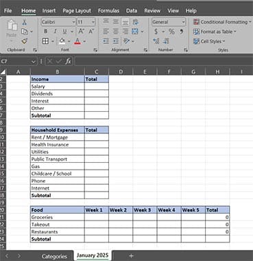 خطوات بسيطة لإنشاء متتبع ميزانية شهرية باستخدام Excel - %categories