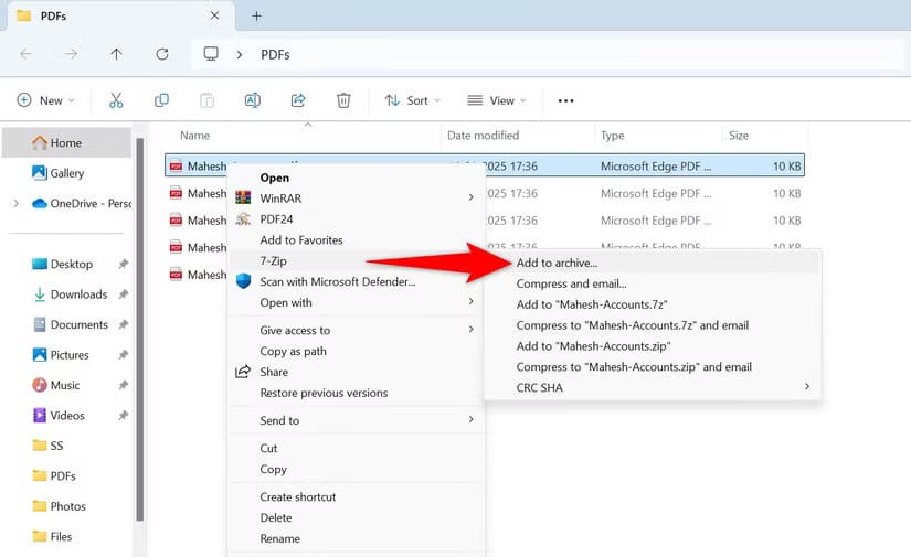 10-7-zip-make-pdf-archive أسهل الطرق لضغط ملفات PDF على نظام Windows 11