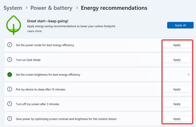 14-energy-recommendations كيف تكتشف التطبيقات التي تستهلك طاقة البطارية على Windows 11 وتتعامل معها