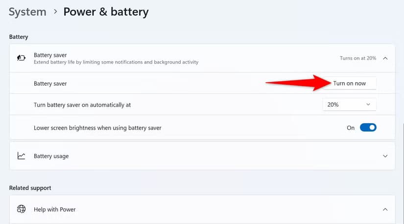 15-enable-battery-saver كيف تكتشف التطبيقات التي تستهلك طاقة البطارية على Windows 11 وتتعامل معها