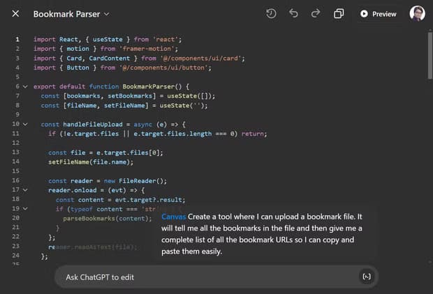 3b-chatgpt-canvas-with-custom-code-for-a-bookmark-parsing-tool استخدام ChatGPT لتنظيم وإدارة الإشارات المرجعية بفعالية