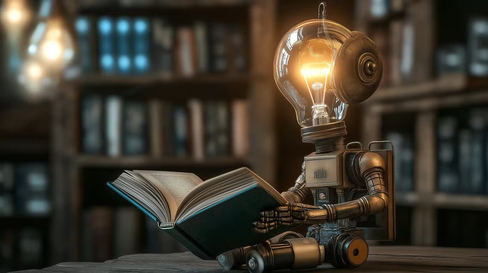 4-a-robot-has-a-lightbulb-for-a-head-and-it-s-turned-on-as-it-reads-a-book لماذا يعتبر تجميع جهاز كمبيوتر ألعاب تجربة تفوق مجرد توفير المال