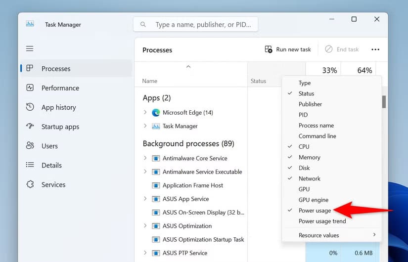 8-task-manager-enable-power-usage كيف تكتشف التطبيقات التي تستهلك طاقة البطارية على Windows 11 وتتعامل معها