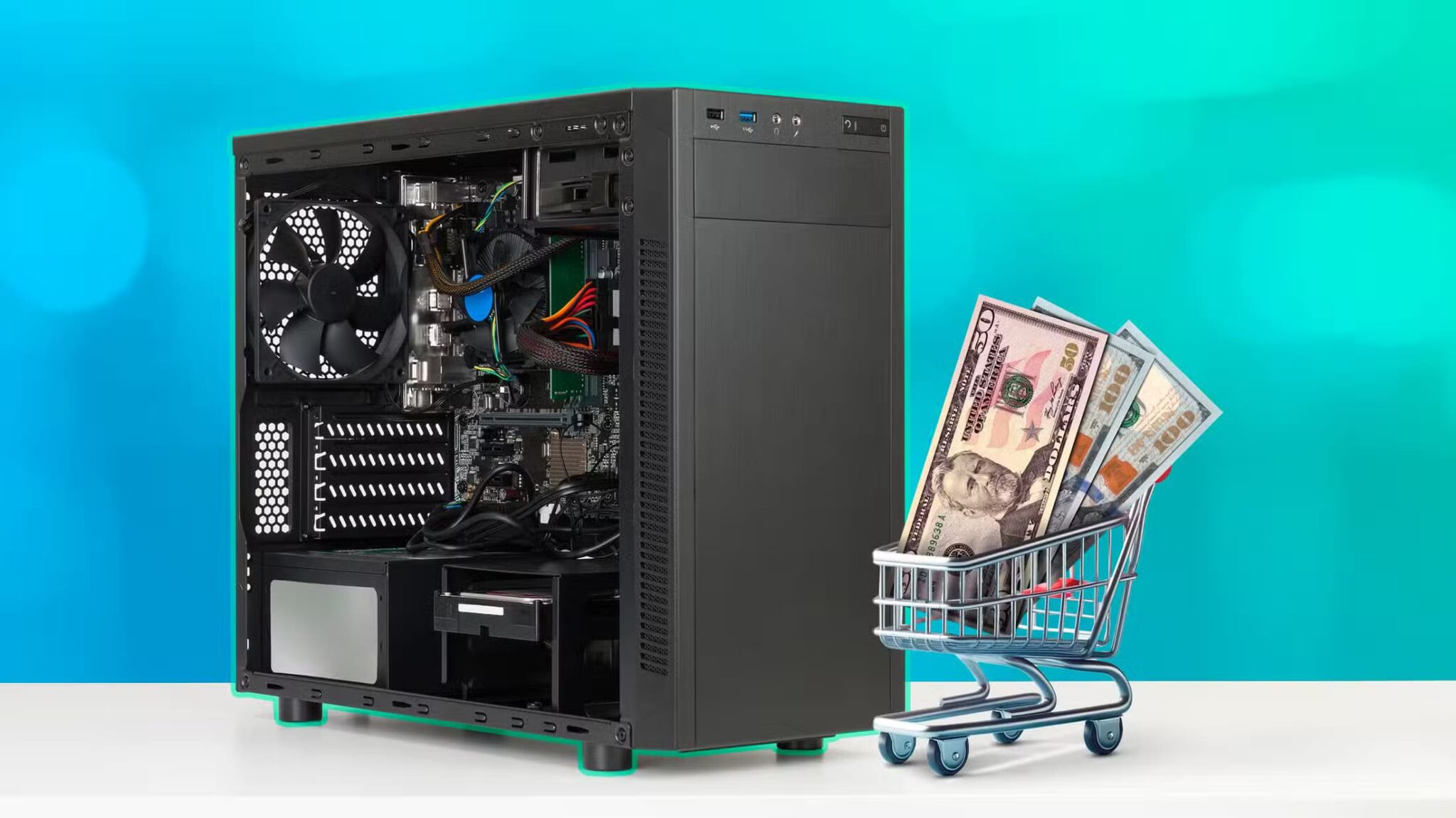 a-computer-case-and-a-miniature-shopping-cart-with-some-dollar-bills-scaled لماذا يعتبر تجميع جهاز كمبيوتر ألعاب تجربة تفوق مجرد توفير المال