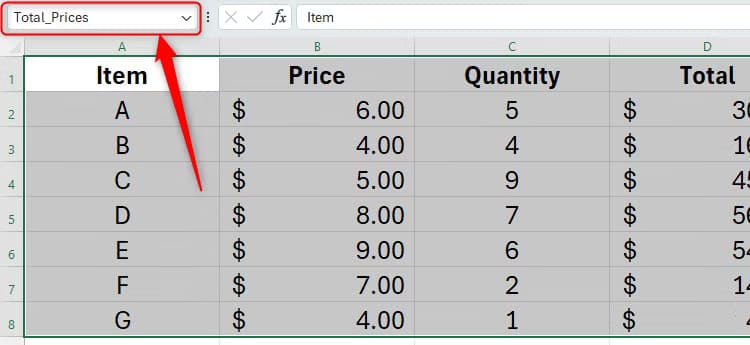 a-data-series-in-excel-renamed-total_prices-in-the-name-box نصائح Excel السريعة لزيادة إنتاجيتك وتوفير الوقت في العمل