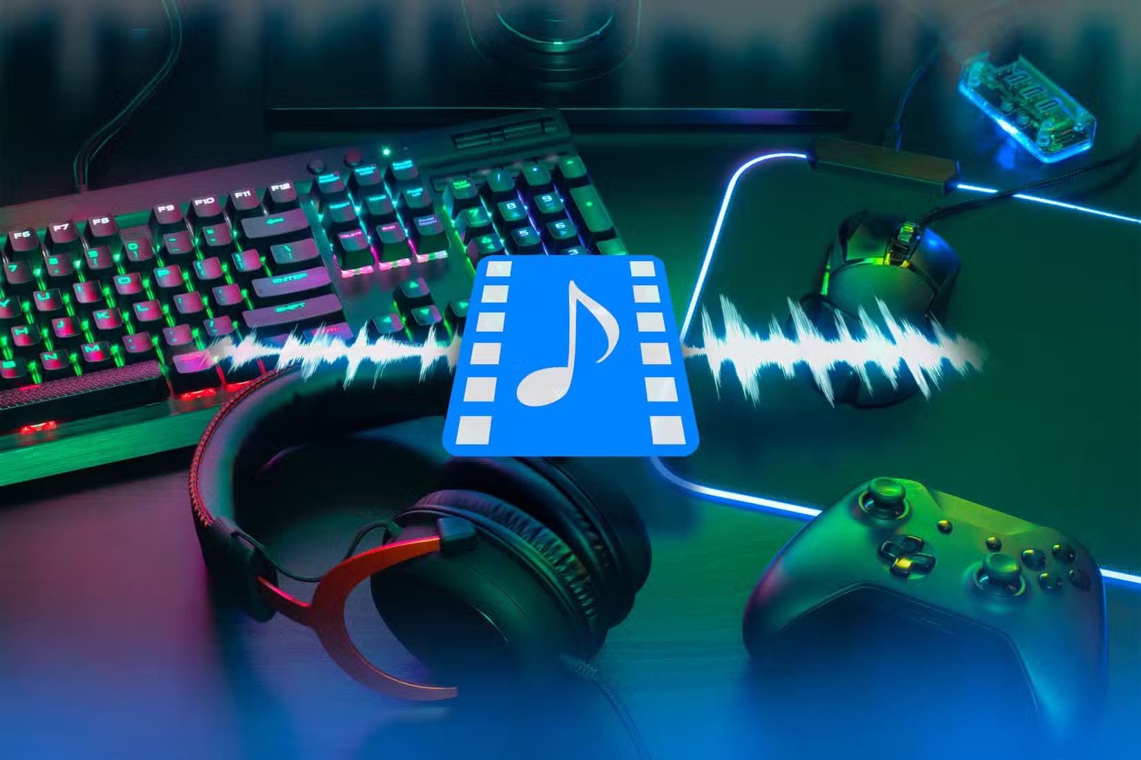 a-desk-with-a-gaming-keyboard-a-headset-a-controller-and-a-mouse-with-a-floating-soundtrack-icon-above-them العوامل الخمسة الرئيسية التي تجعل أي لعبة تجربة ممتعة ولا تُنسى