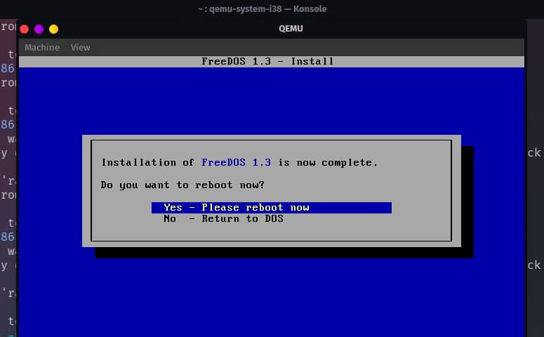 a-freedos-installation-in-qemu-completion-screen تشغيل أنظمة تشغيل متعددة باستخدام QEMU بسهولة