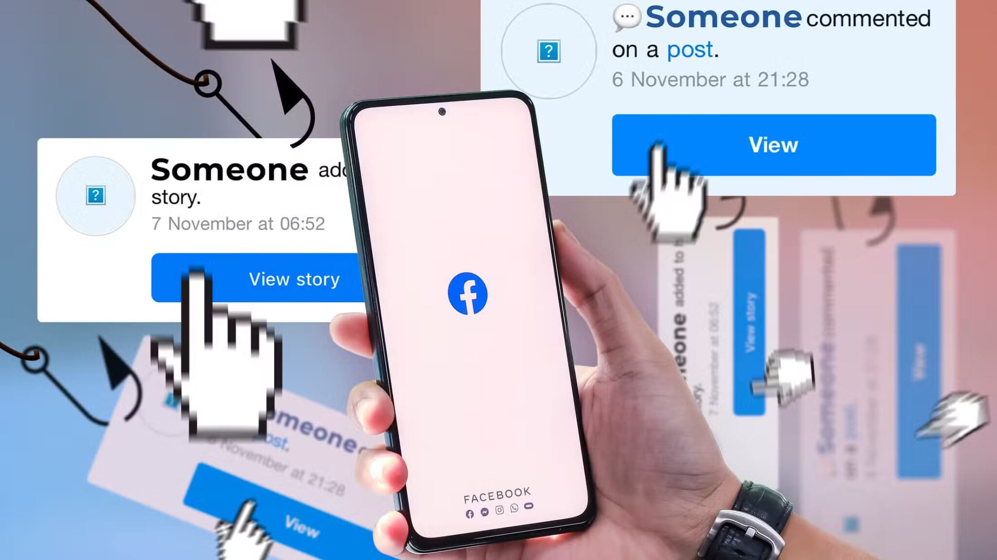 a-hand-holding-a-phone-with-the-facebook-logo-and-some-clickbaits-beside-it-scaled أفضل طرق لزيادة التفاعل على فيسبوك وتحسين ظهور المنشورات