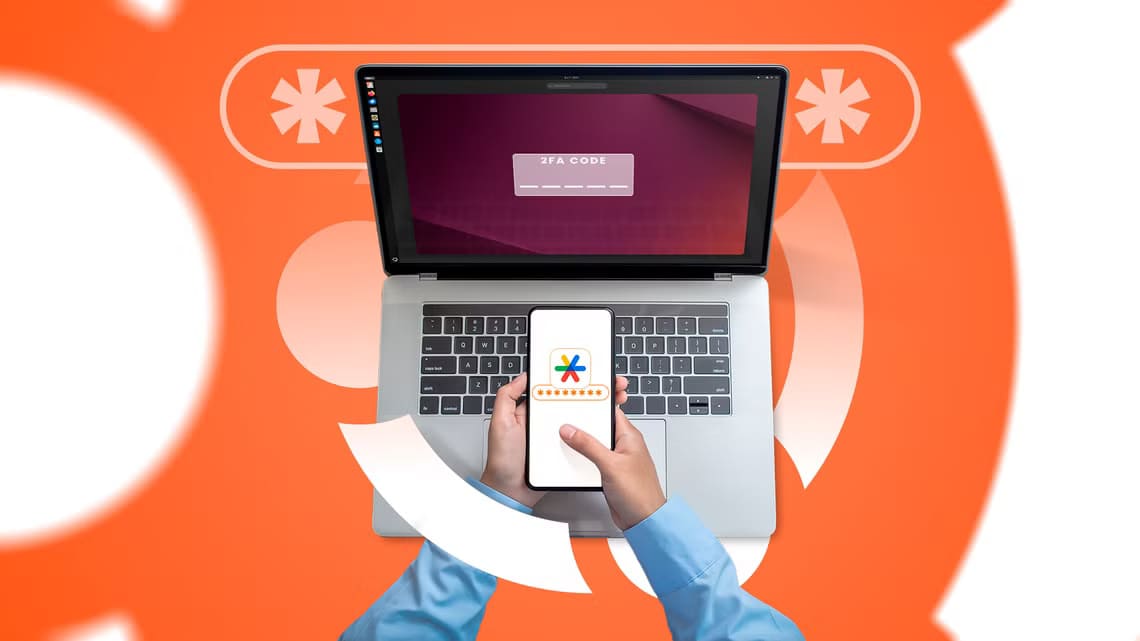 a-hand-holding-a-phone-with-the-google-authenticator-logo-and-a-laptop-running-ubuntu خطوات بسيطة لتأمين نظام أوبونتو باستخدام المصادقة الثنائية