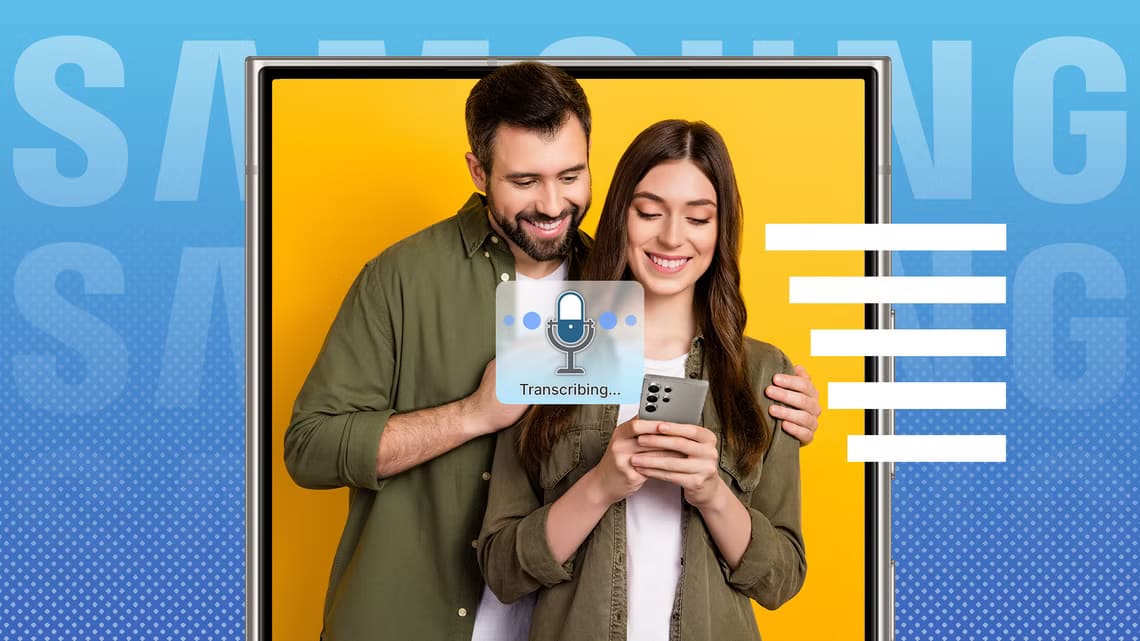 a-happy-couple-with-the-woman-holding-an-s24-ultra-and-the-transcribe-icon-in-the-center كيف تكتشف الرسائل المباشرة المخفية في هاتف Samsung Galaxy دون برامج