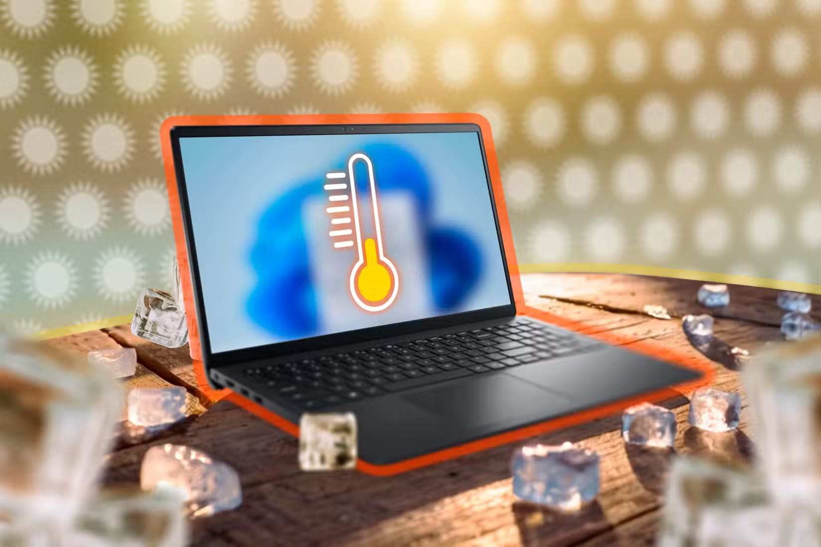 a-laptop-with-a-thermometer-on-the-screen-surrounded-by-ice-cubes أسباب انتفاخ بطاريات الأجهزة الإلكترونية وطرق الوقاية منها