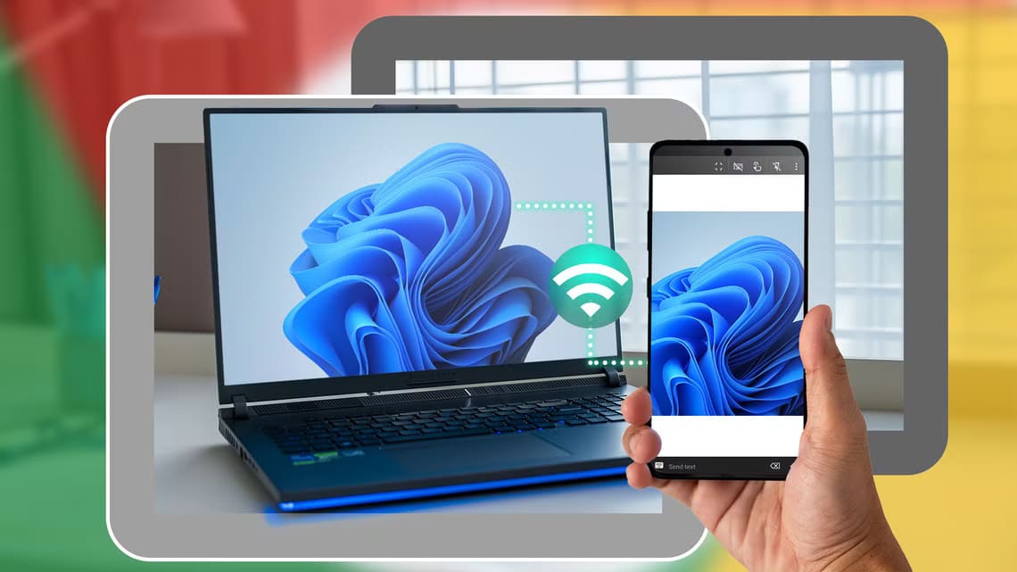 a-laptop-with-windows-11-and-a-hand-holding-a-smartphone-remotely-accessing-the-laptop كيف تتحكم بجهاز الكمبيوتر الذي يعمل بنظام Windows عن طريق هاتف Android