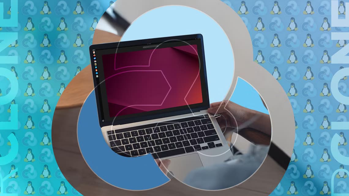 a-linux-laptop-with-the-rclone-logo-encircling-the-image تعرف على أداة rclone على Linux وإمكانياتها المتقدمة في إدارة الملفات