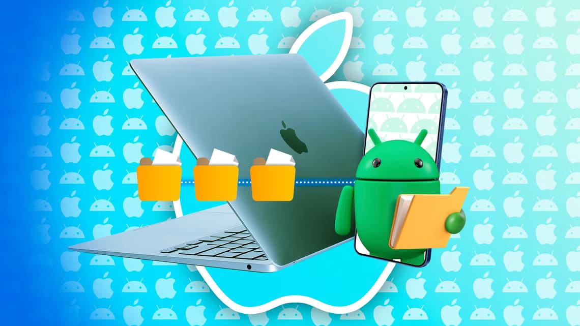 a-macbook-with-a-smartphone-next-to-it-with-the-android-mascot-holding-a-file-folder نقل الملفات بين أجهزة Mac وAndroid بسهولة ودون تعقيد