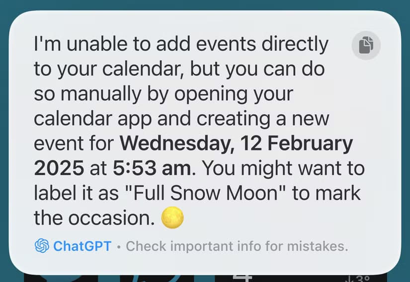 a-message-from-chatgpt-via-siri-stating-that-it-is-unable-to-add-events-to-the-calendar التحديات المستمرة في ChatGPT: ما الذي ينتظرنا بعد إصدار GPT-5؟