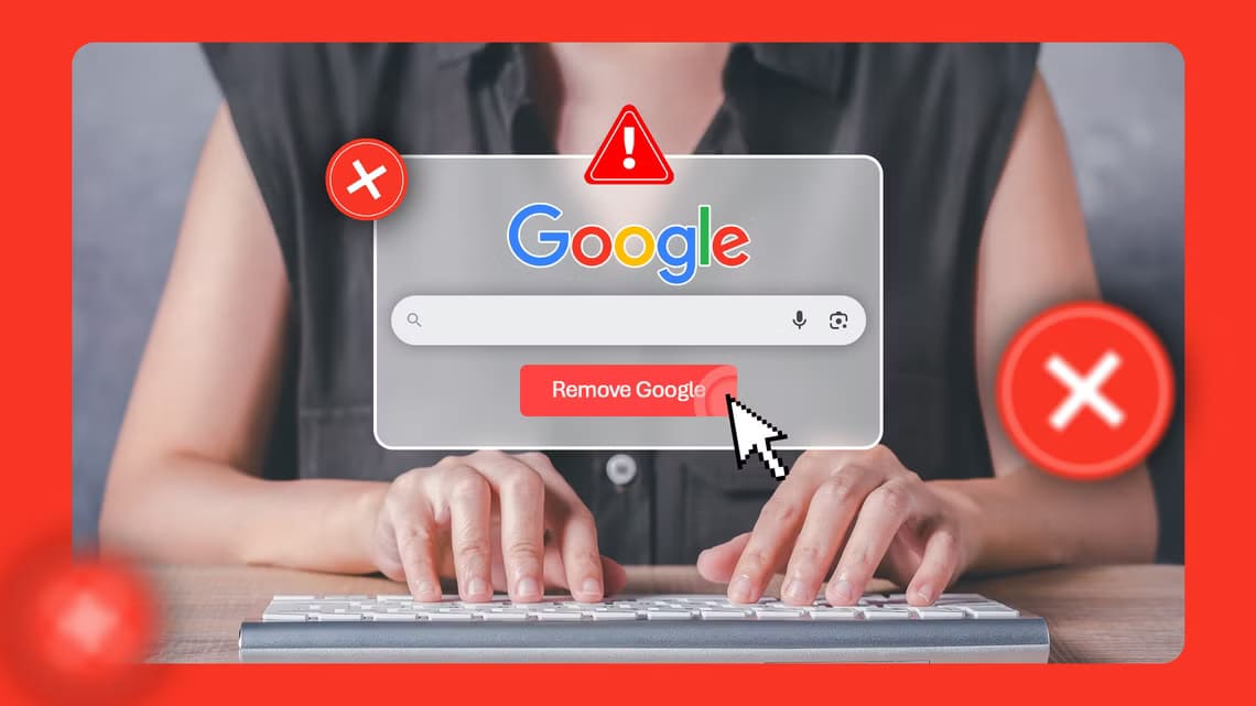 a-person-using-the-computer-keyboard-and-in-the-center-a-google-search-screen-with-the-remove-google-button كيفية تقليل الاعتماد على خدمات Google باستخدام بدائل فعّالة