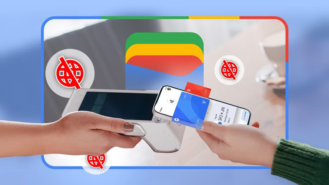 a-person-using-their-phone-to-make-a-payment-via-nfc-on-a-card-machine-with-the-google-wallet-logo-in-the-background-and-no-internet-icons-around كيف تعمل محفظة Google Wallet دون اتصال بالإنترنت وما هي حدود استخدامها