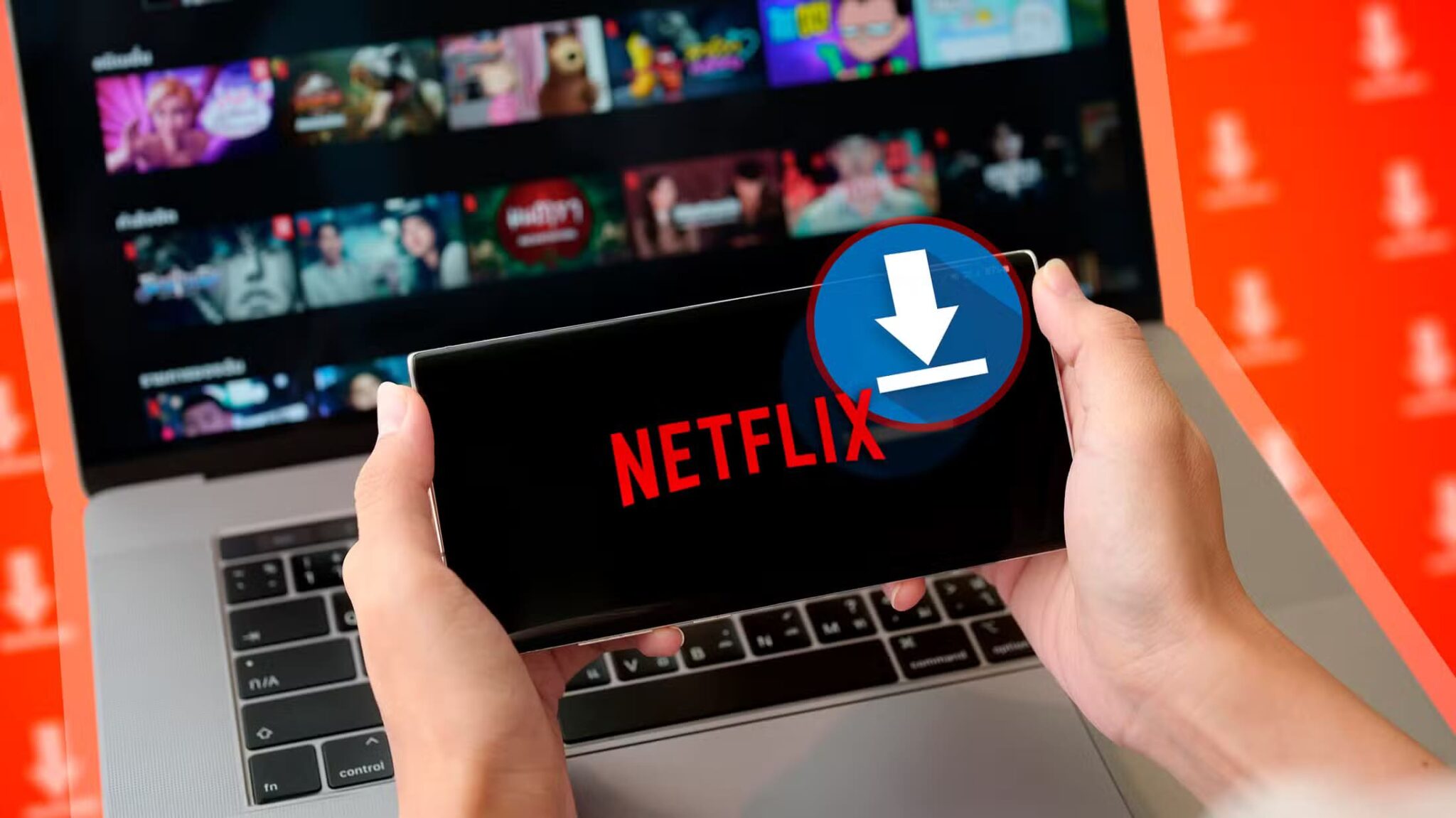 a-phone-with-the-netflix-logo-and-a-download-icon-scaled ميزات خفية في Netflix تمنحك تجربة مشاهدة أفضل