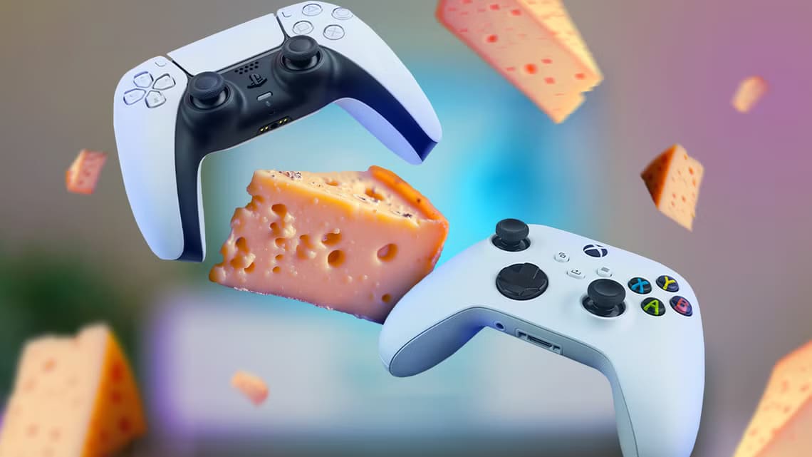 a-ps5-controller-and-an-xbox-series-s-controller-with-lots-of-cheese-around-them كيف أصبحت استراتيجية Cheesing جزءًا من تراث ألعاب الفيديو