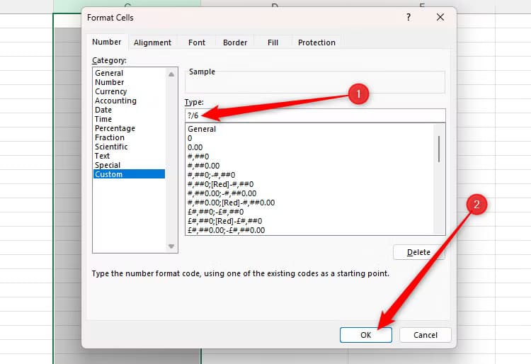 a-question-mark-followed-by-a-forward-slash-and-the-number-six-is-typed-into-the-type-field-of-the-custom-number-format-option-in-excel-s-format-cells-dialog-box حلول بسيطة لإيقاف تحويل Excel تلقائيًا للكسور إلى تواريخ أو أرقام