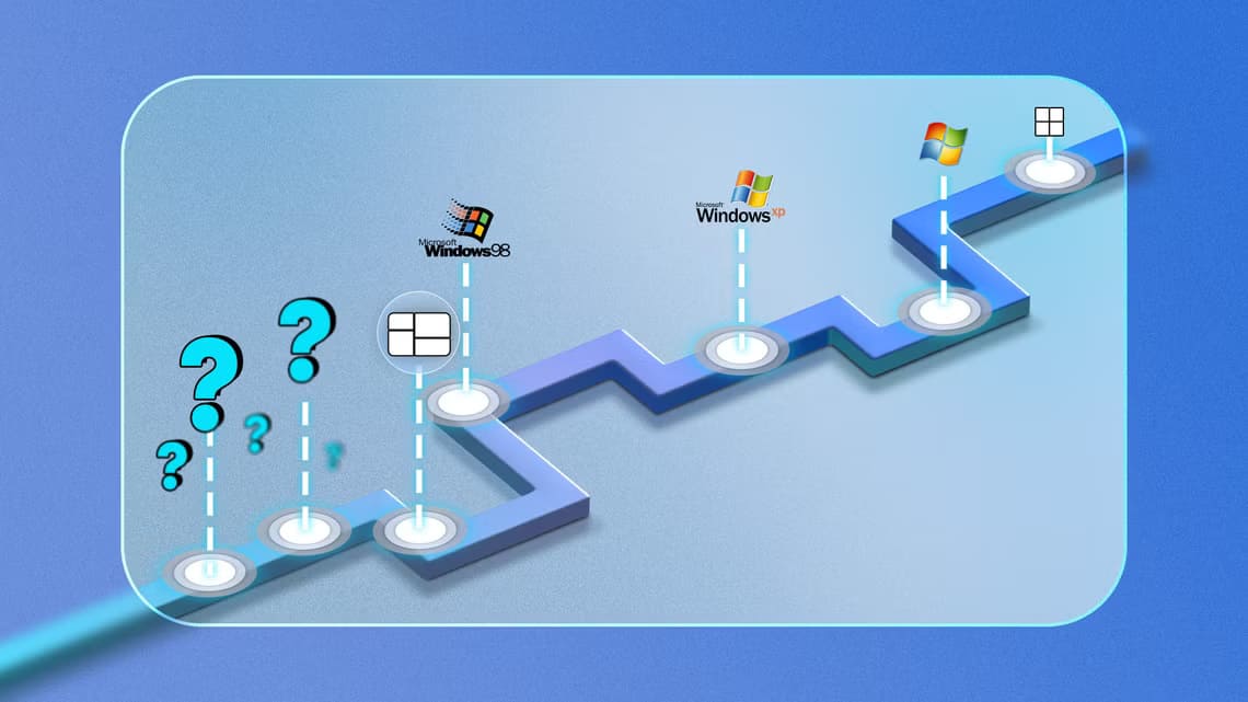 a-timeline-with-some-versions-of-windows-and-question-marks-at-the-beginning-questioning-what-came-before ما هي أنظمة التشغيل التي سبقت ويندوز وكيف شكلت تاريخ الحوسبة؟