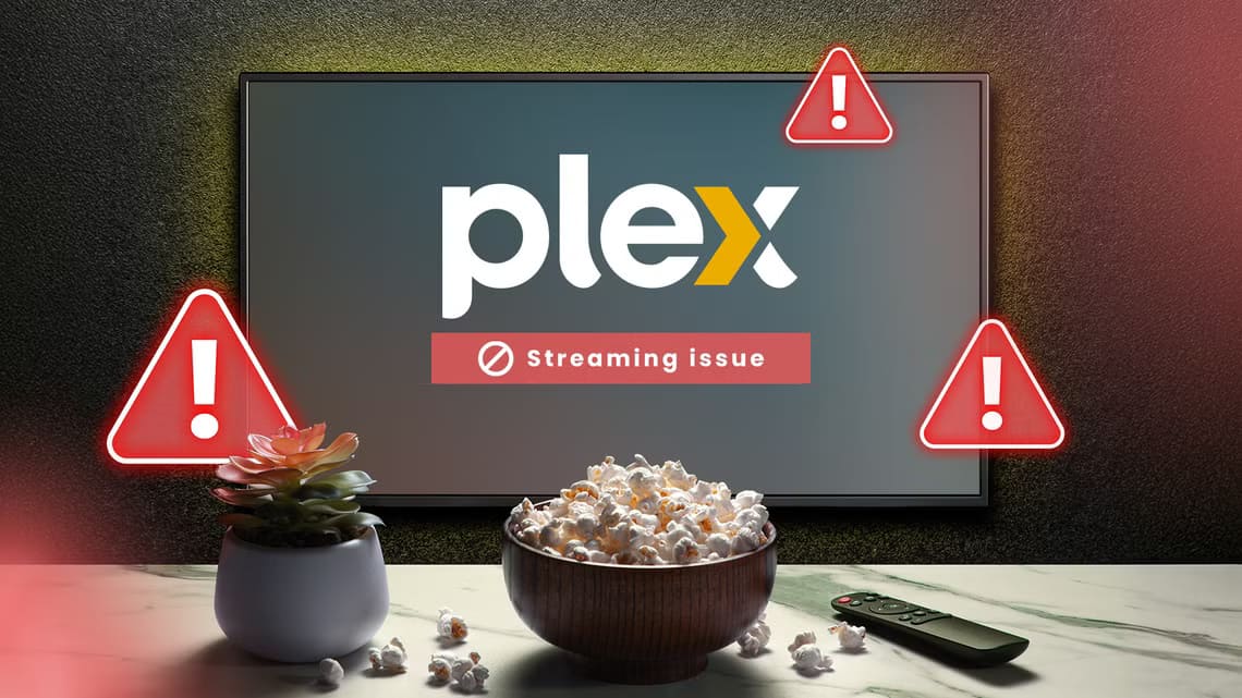 a-tv-with-the-plex-logo-displaying-a-streaming-error-with-a-popcorn-bucket-and-a-remote-control-in-front حلول فعّالة لمشكلات البث في Plex: دليل المستخدم