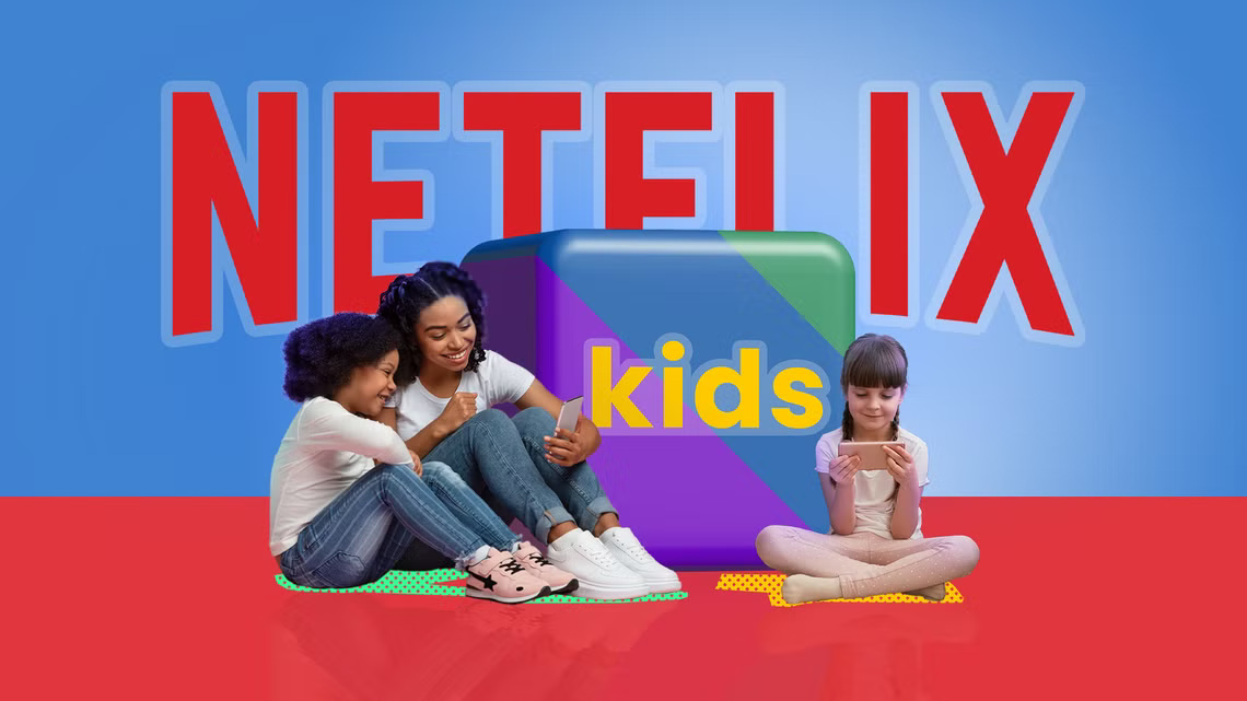 a-woman-watching-netflix-with-two-kids-a-kids-icon-in-the-background-and-the-netflix-logo كيف يمكن للآباء استخدام الرقابة الأبوية في Netflix لحماية أطفالهم؟