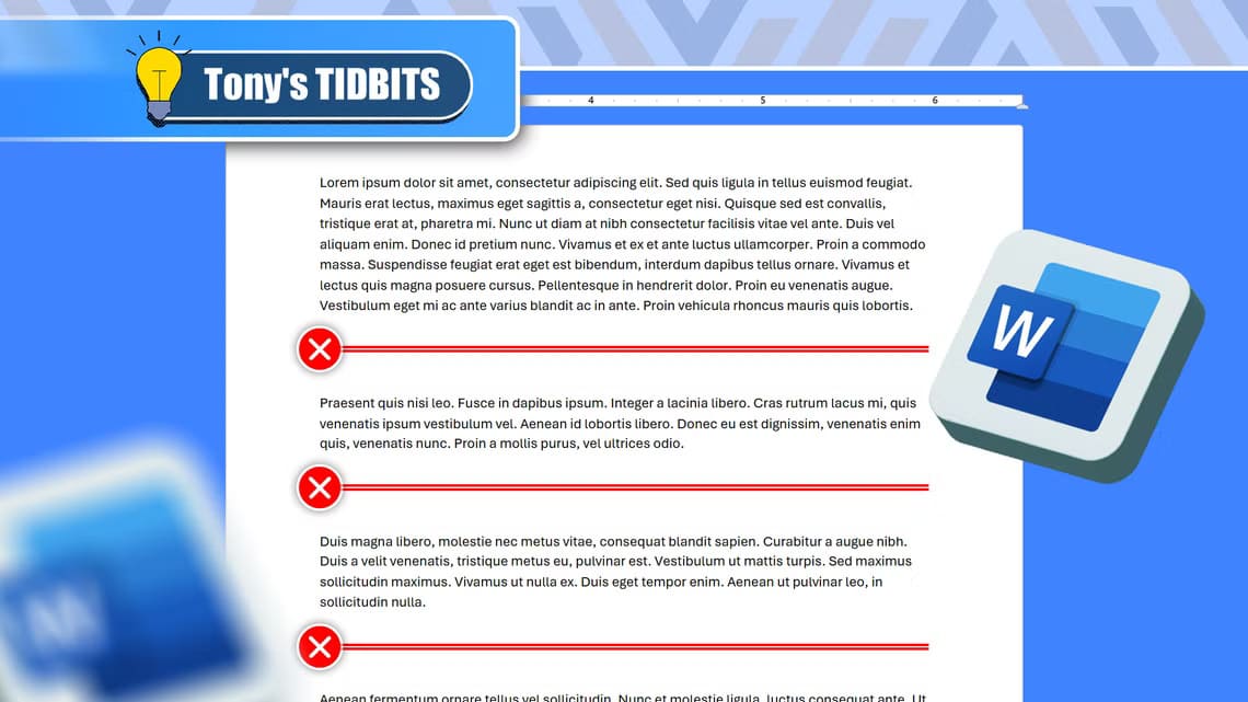 a-word-document-with-three-lines-each-with-a-red-x-icon-next-to-it-and-the-word-logo طريقة سريعة لإضافة خطوط أفقية في Word دون الحاجة إلى الرسم اليدوي