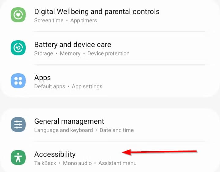 accessibility-option-in-settings كيف تكتشف الرسائل المباشرة المخفية في هاتف Samsung Galaxy دون برامج