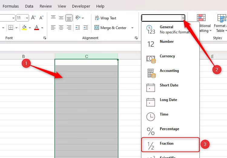 an-excel-sheet-with-column-c-selected-and-the-fraction-number-format-selected-from-the-number-format-drop-down-list حلول بسيطة لإيقاف تحويل Excel تلقائيًا للكسور إلى تواريخ أو أرقام