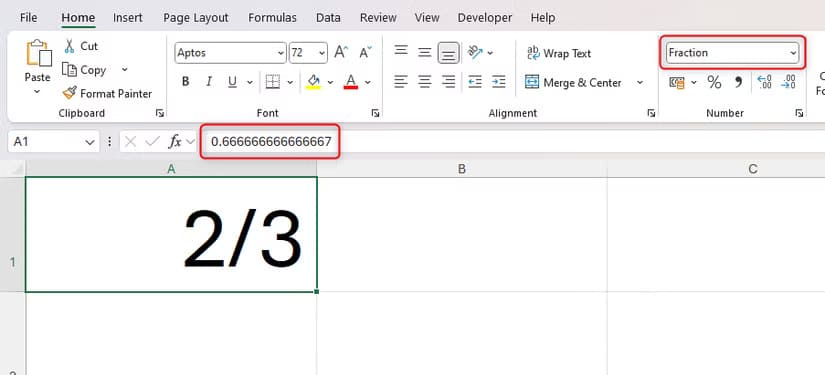 an-excel-sheet-with-the-two-thirds-fraction-in-cell-a1-the-decimal-equivalent-in-the-formula-bar-and-the-cell-s-number-format-showing-as-fraction حلول بسيطة لإيقاف تحويل Excel تلقائيًا للكسور إلى تواريخ أو أرقام