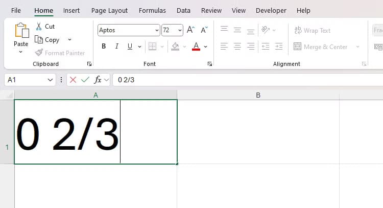 an-excel-spreadsheet-with-a-zero-followed-by-a-space-followed-by-a-two-thirds-fraction-typed-into-cell-a1 حلول بسيطة لإيقاف تحويل Excel تلقائيًا للكسور إلى تواريخ أو أرقام