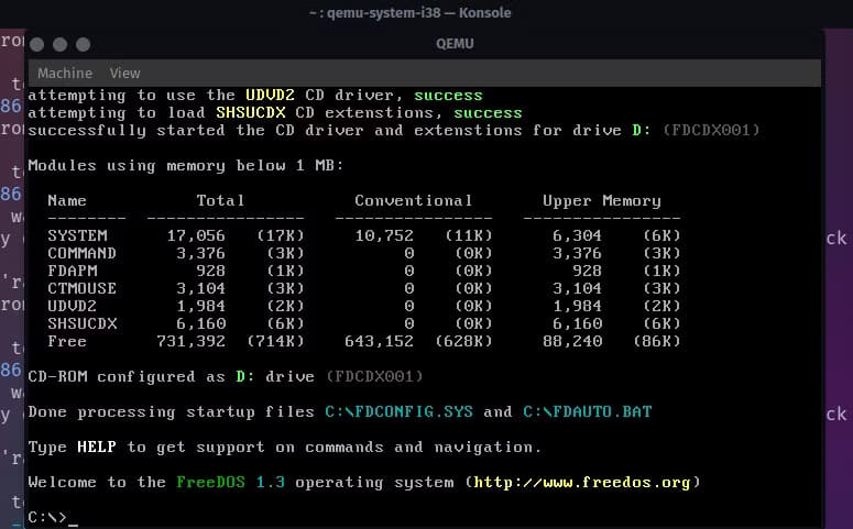 an-installed-freedos-running-inside-qemu-on-linux تشغيل أنظمة تشغيل متعددة باستخدام QEMU بسهولة