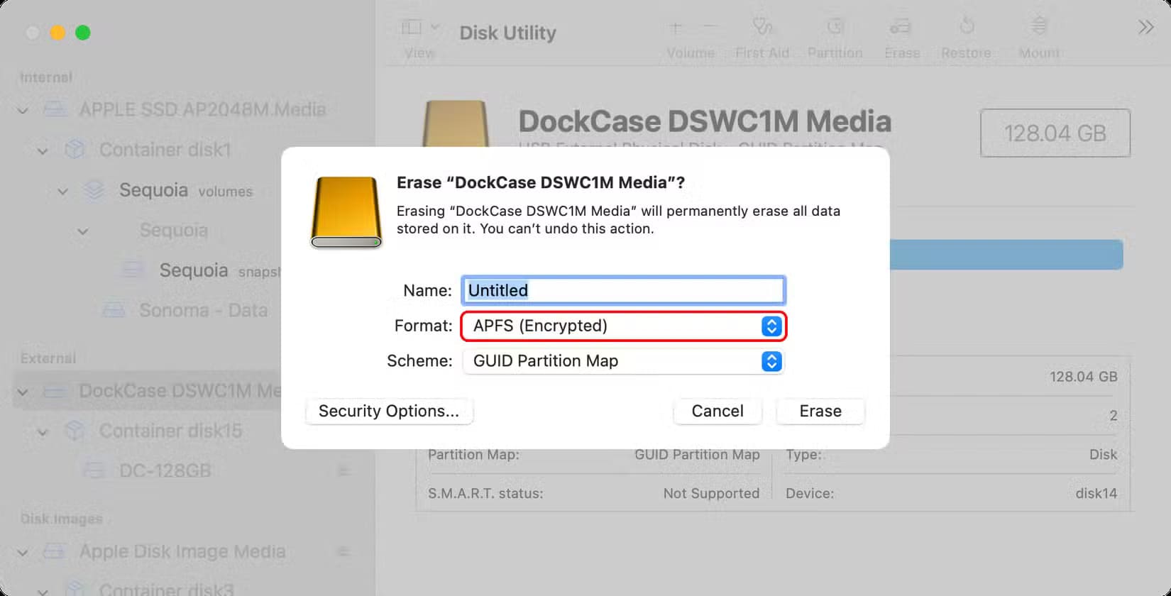 apple-macos-sequoia-15-3-disk-utility-erase-disk-apfs-encrypted-option-annotated أفضل الطرق لاستخدام محركات الأقراص الخارجية مع أجهزة Mac بكل كفاءة