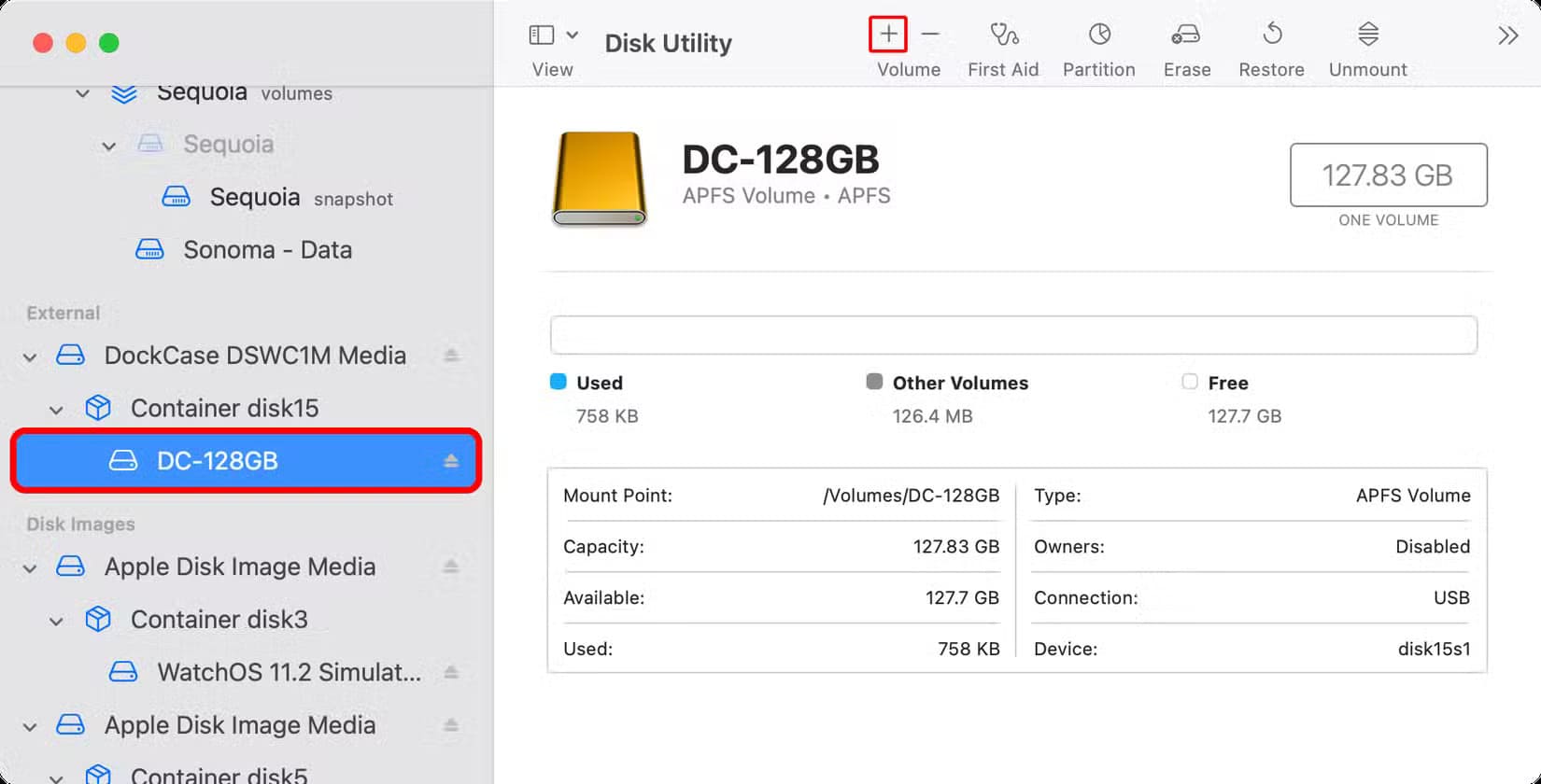 apple-macos-sequoia-15-3-disk-utility-external-disk-selected-add-partition-button-annotated أفضل الطرق لاستخدام محركات الأقراص الخارجية مع أجهزة Mac بكل كفاءة