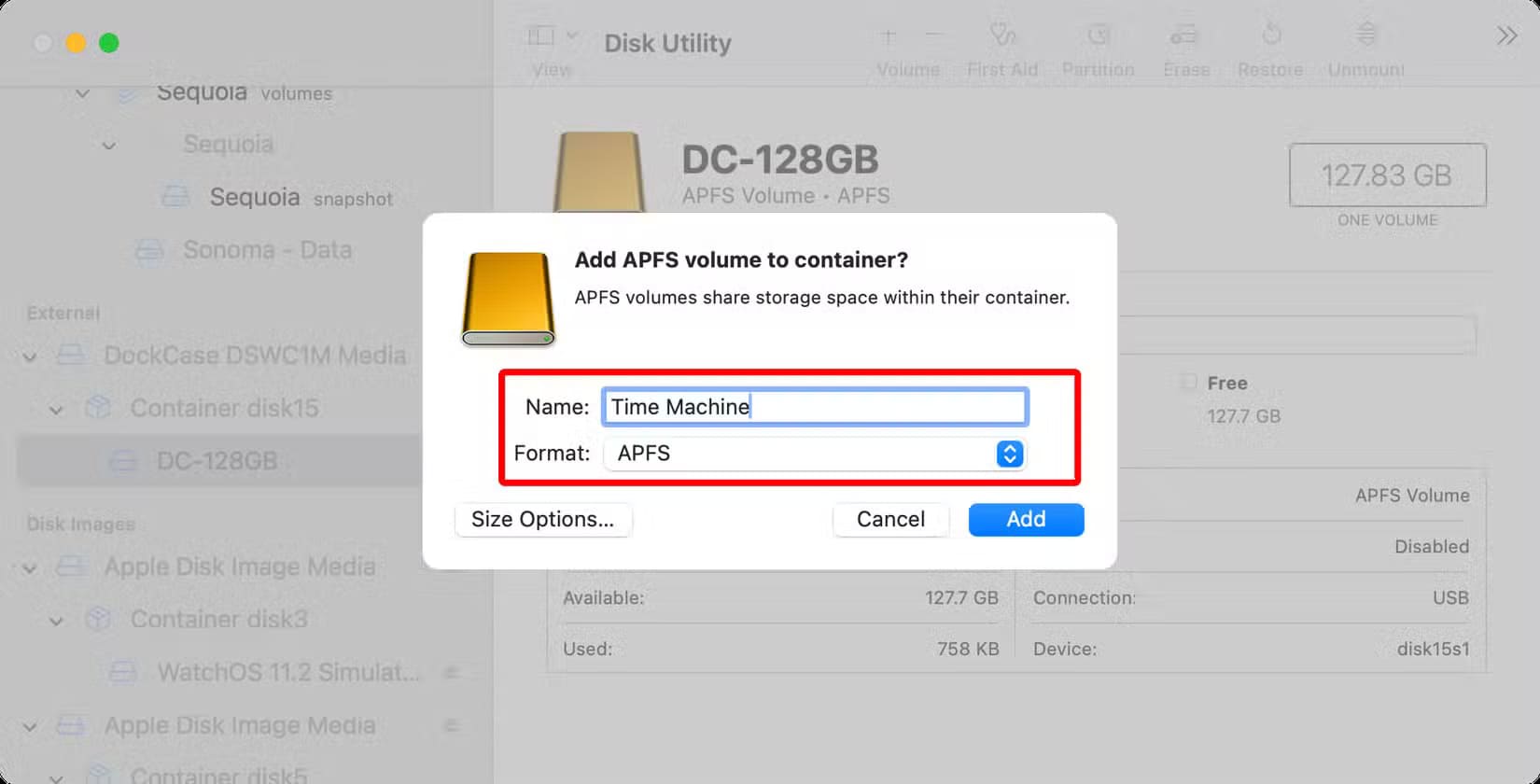 apple-macos-sequoia-15-3-disk-utility-external-disk-selected-add-volume-name-format-annotated أفضل الطرق لاستخدام محركات الأقراص الخارجية مع أجهزة Mac بكل كفاءة