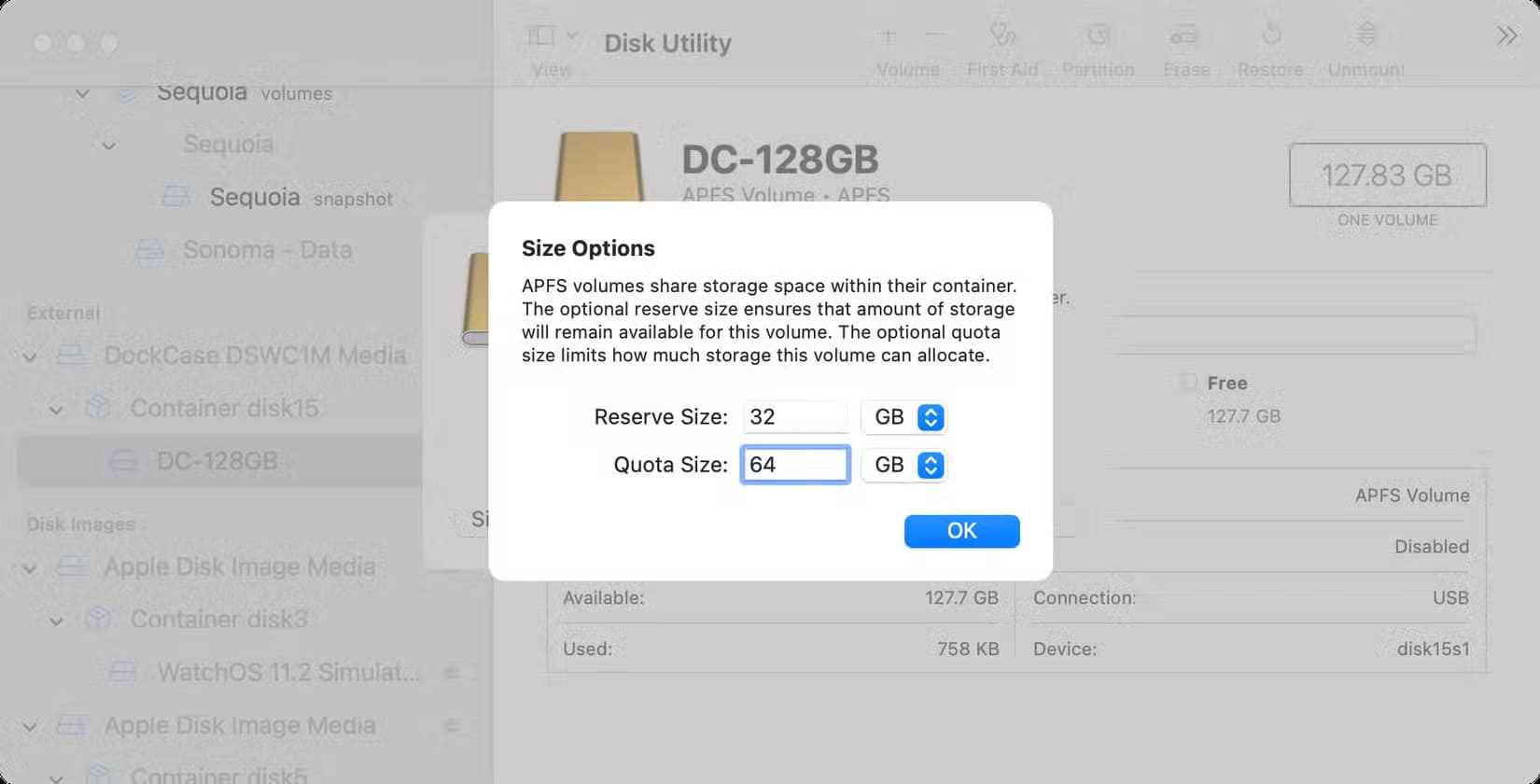 apple-macos-sequoia-15-3-disk-utility-external-disk-selected-add-volume-size-options أفضل الطرق لاستخدام محركات الأقراص الخارجية مع أجهزة Mac بكل كفاءة