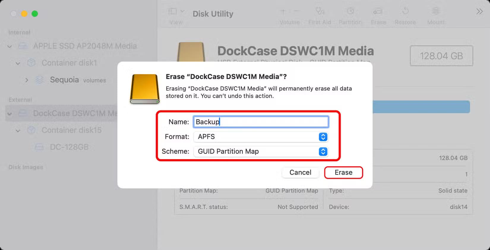 apple-macos-sequoia-15-3-disk-utility-external-drive-erase-apfs-file-system-formatting-options-selected-annotated أفضل الطرق لاستخدام محركات الأقراص الخارجية مع أجهزة Mac بكل كفاءة