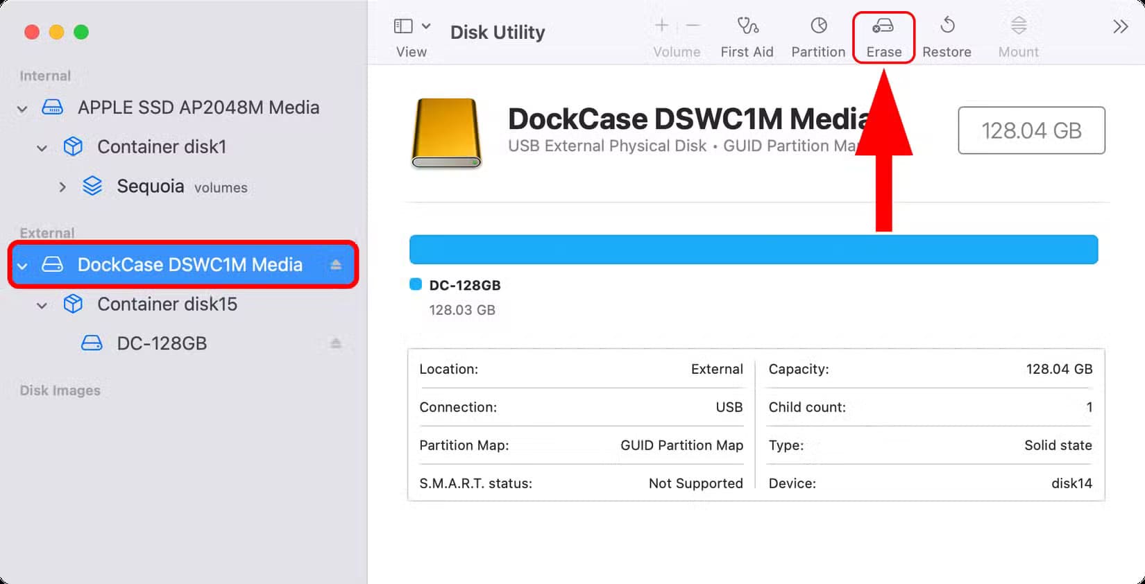 apple-macos-sequoia-15-3-disk-utility-external-drive-erase-selected-annotation أفضل الطرق لاستخدام محركات الأقراص الخارجية مع أجهزة Mac بكل كفاءة