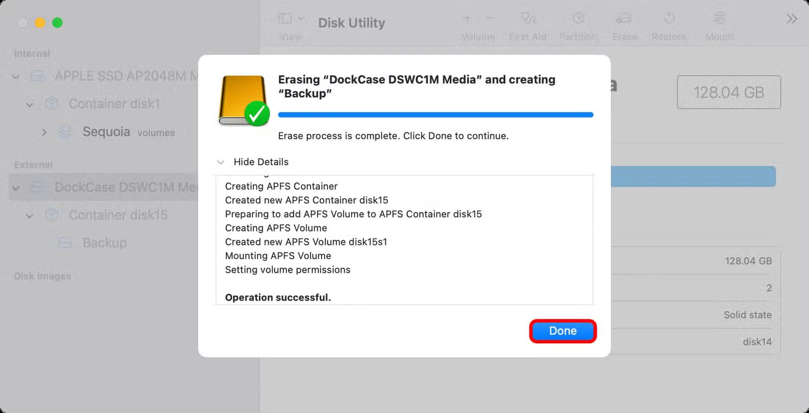 apple-macos-sequoia-15-3-disk-utility-external-drive-erase-success-done-button-annotated أفضل الطرق لاستخدام محركات الأقراص الخارجية مع أجهزة Mac بكل كفاءة