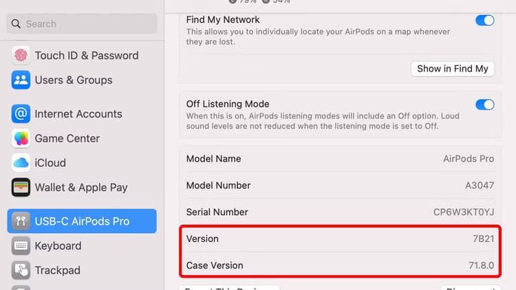 apple-macos-sequpia-15-3-system-settings-airpods-pro-firmware-version-number خطوات سهلة لتحديث البرامج الثابتة لـ AirPods وتحسين أدائها
