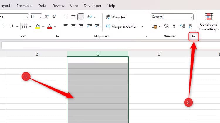 column-c-is-selected-in-an-excel-sheet-and-the-number-format-dialog-box-launcher-in-the-number-group-of-the-home-tab-is-highlighted حلول بسيطة لإيقاف تحويل Excel تلقائيًا للكسور إلى تواريخ أو أرقام