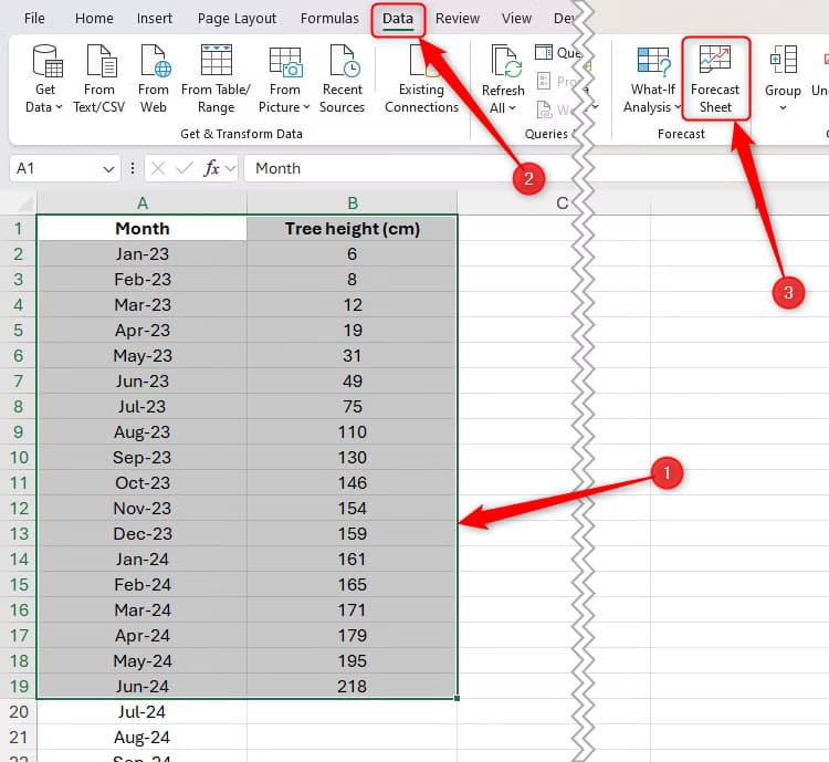 data-in-excel-is-selected-and-the-forecast-sheet-button-in-the-data-tab-is-highlighted نصائح Excel السريعة لزيادة إنتاجيتك وتوفير الوقت في العمل