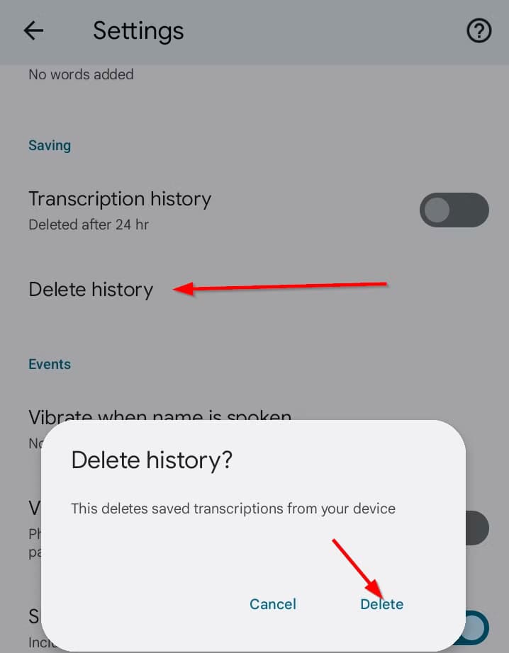 delete-transcription-history-option كيف تكتشف الرسائل المباشرة المخفية في هاتف Samsung Galaxy دون برامج