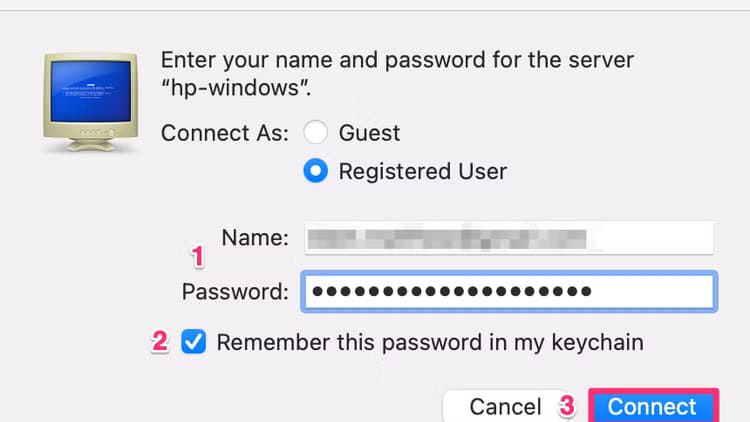 enter-your-windows-machines-network-credentials-and-select-remember-this-password-in-my-keychain أسهل الطرق لنقل الملفات بين أجهزة Mac وWindows دون تعقيدات