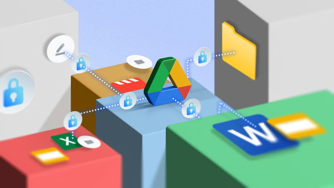 google-drive-logo-with-some-google-files-next-to-it-and-several-padlocks حماية ملفاتك على Google Drive من التعديلات غير المرغوب فيها بخطوات بسيطة